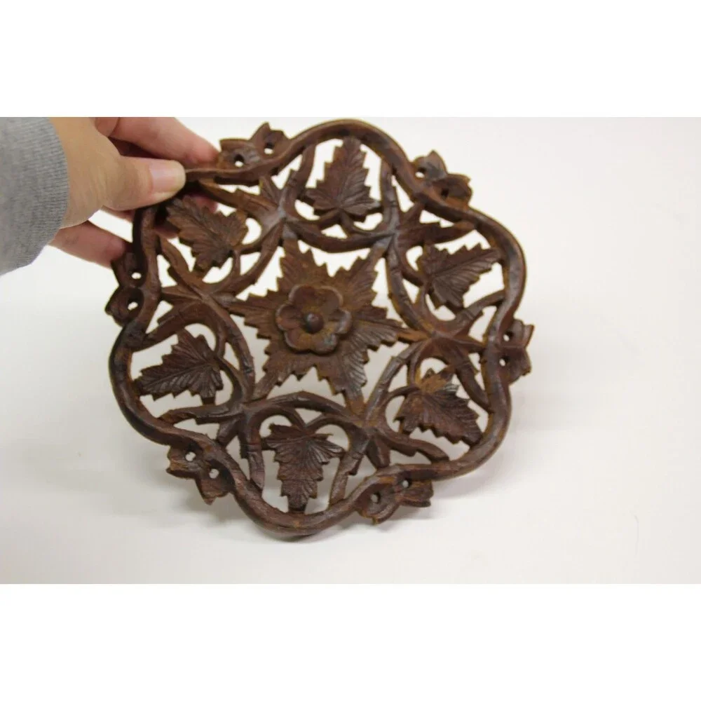 Vintage Boho India Hand Carved Wooden Trivet Decor Leaves Flower Mid-Century